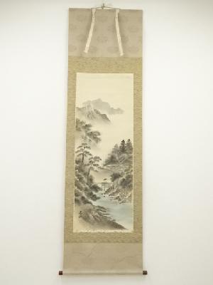 春渓筆　淡彩山水　肉筆絹本掛軸（共箱）